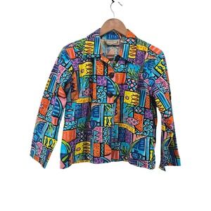 Life Style Jacket Womens PM Abstract Tropical Fish Geometric Multicolor EUC
